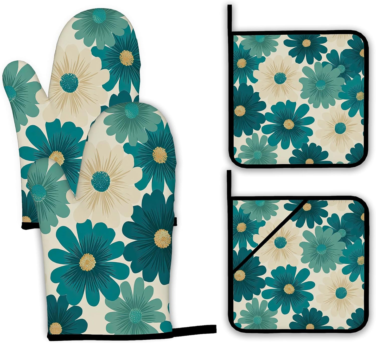 Abstract Daisy Flower Oven Mitts and Pot Holders,Retro Groovy Flowers Heat Resistant Oven Mitts Gloves and Pot Holder for Home Kitchen Decorations Cooking Baking BBQ Gifts,Set of 4