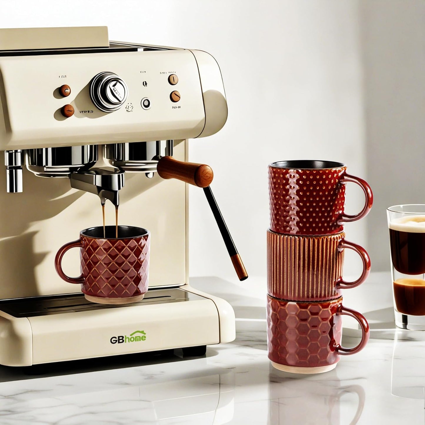 GBHOME 6 OZ Stackable Coffee Mugs, Ceramic Coffee Mugs with Texture Patterns for Man,Woman,Dad,Mom, Modern Coffee Cups Set of 4 for Espresso/Cappuccino/Cocoa. Dishwasher&Microwave Safe,Red