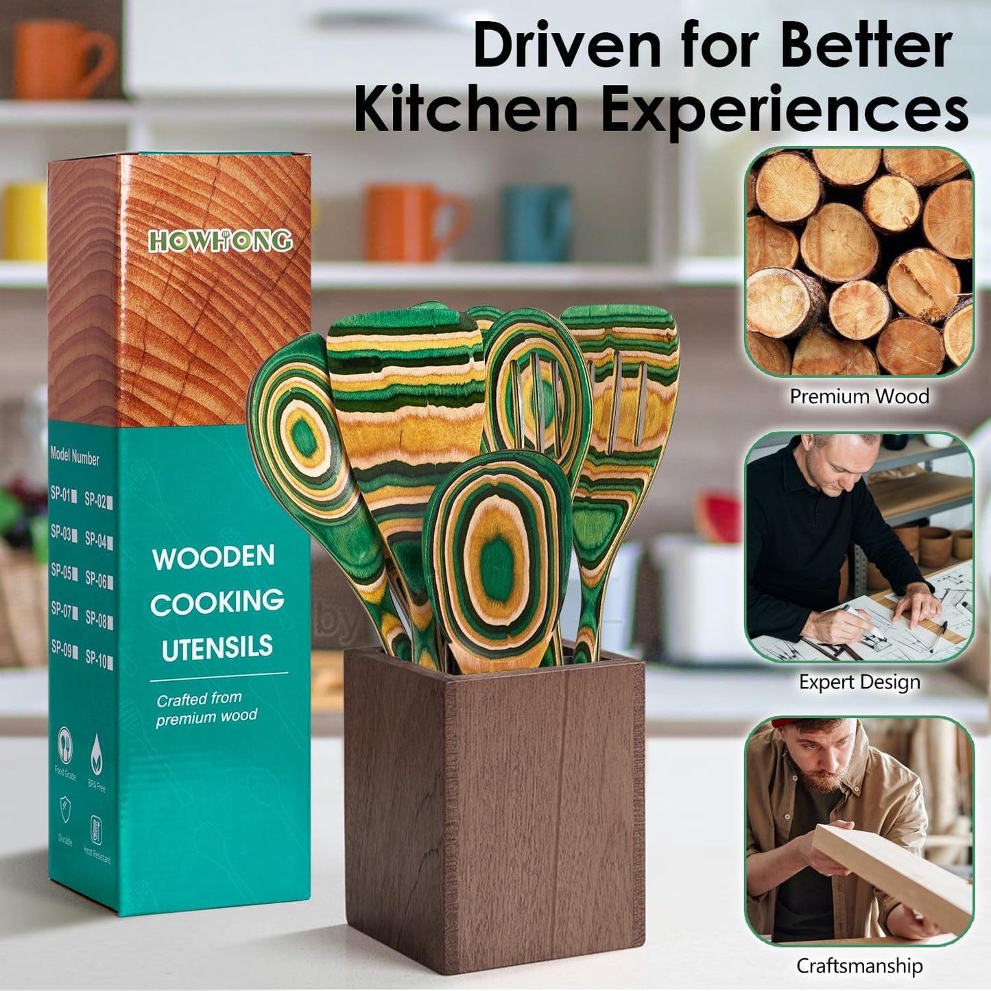 Kitchen Pakkawood Wooden Spoons for Cooking – 7-Piece Kitchen Utensil Set with Spatula, Corner Spoon, Rice Paddle – Nonstick Safe Durable Wooden Cooking Tools for Home Kitchen by Howhong (Oasis)