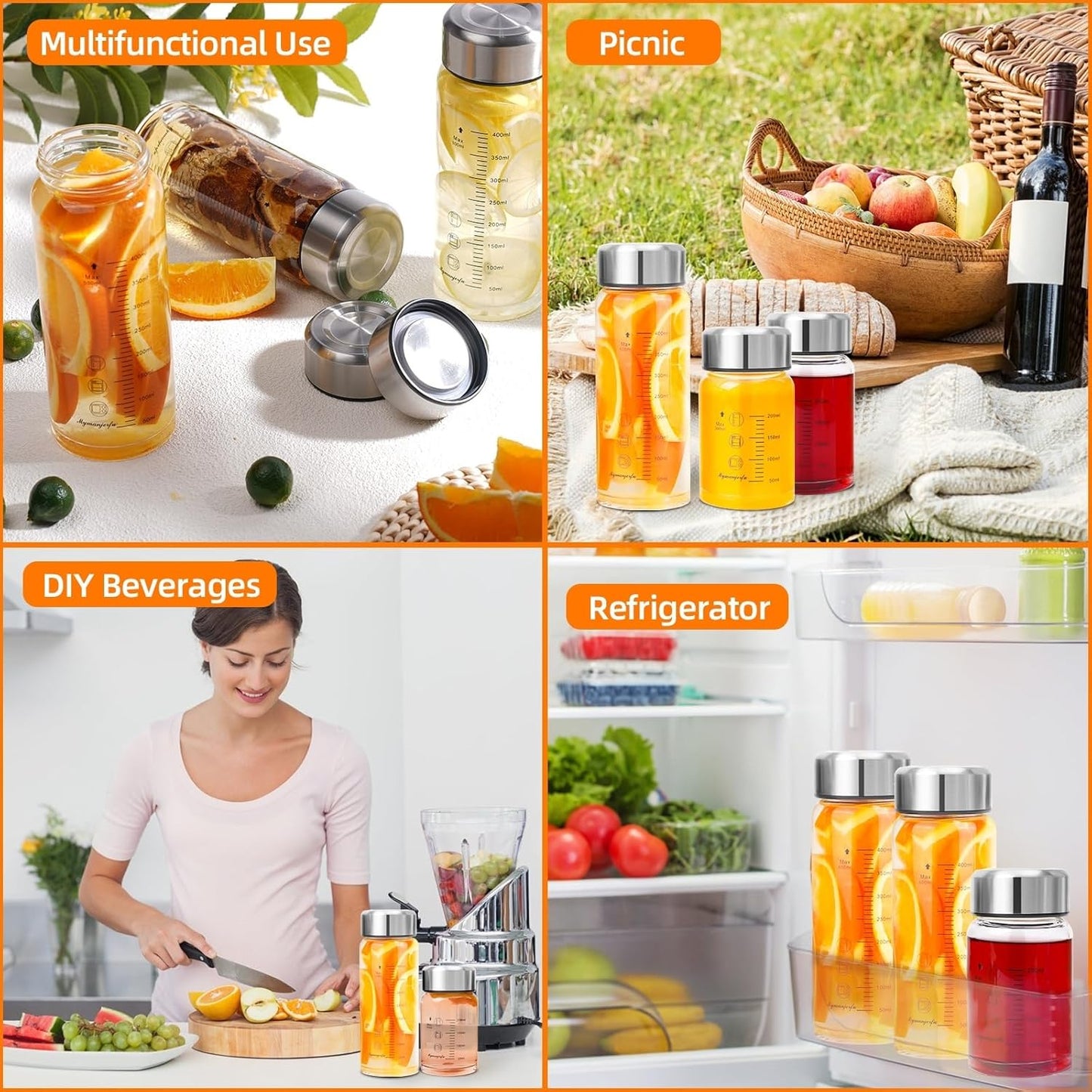 Glass Juice Bottles 4 Pack 20 oz - Wide Mouth Glass Water Bottles with Lids - for Juicing, Smoothies, Milk, Protein, BPA Free, Reusable, Stainless Steel Lids, Leak Proof, Shaker bottle (20oz/600ml)