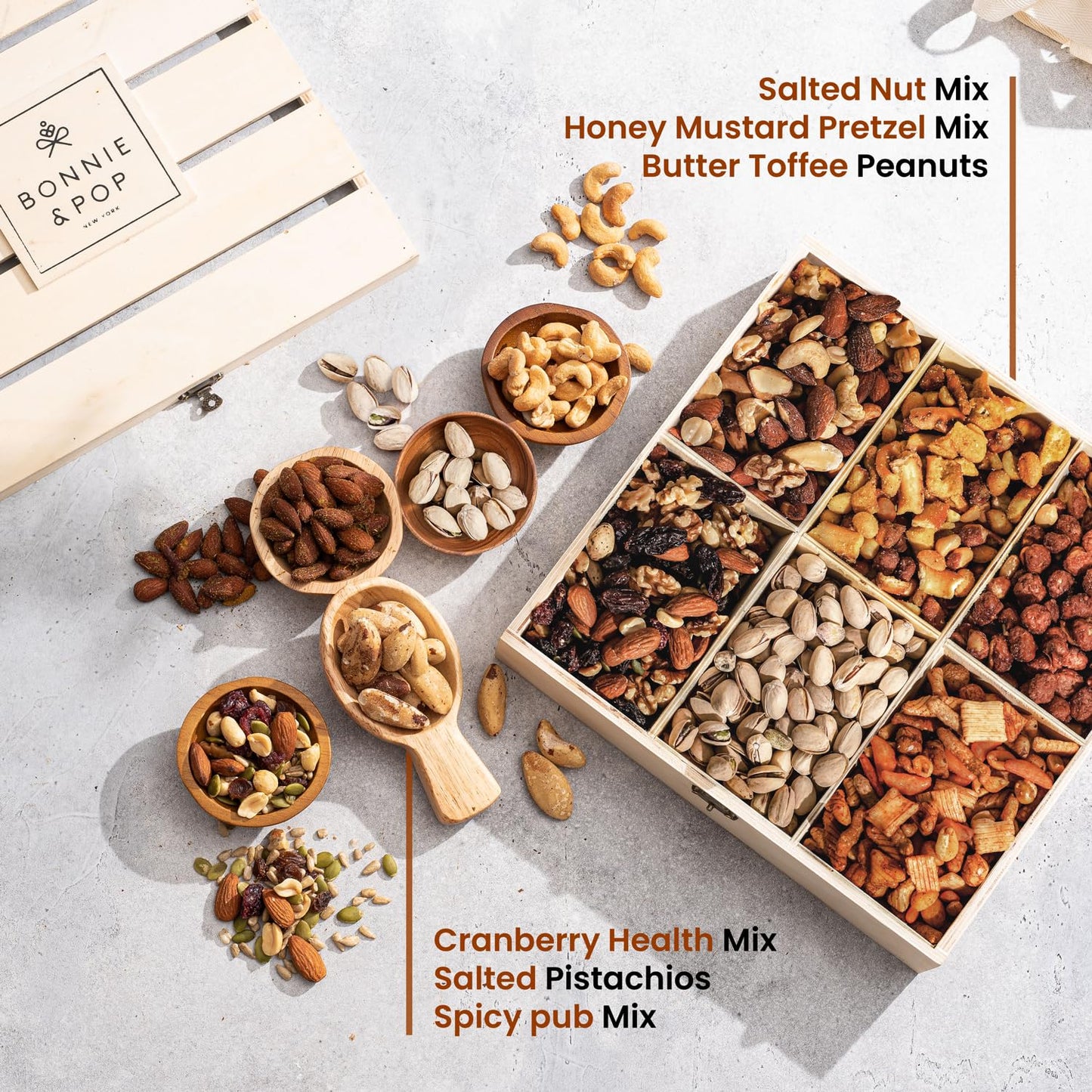 Happy Birthday Food Gift Basket, Healthy Nut Gift Tray, Birthday Snack Treat in Reusable Wooden Crate, Gourmet Assorted Food Delivery, Birthday Snack Box, For Men, Women and Families, Bonnie & Pop