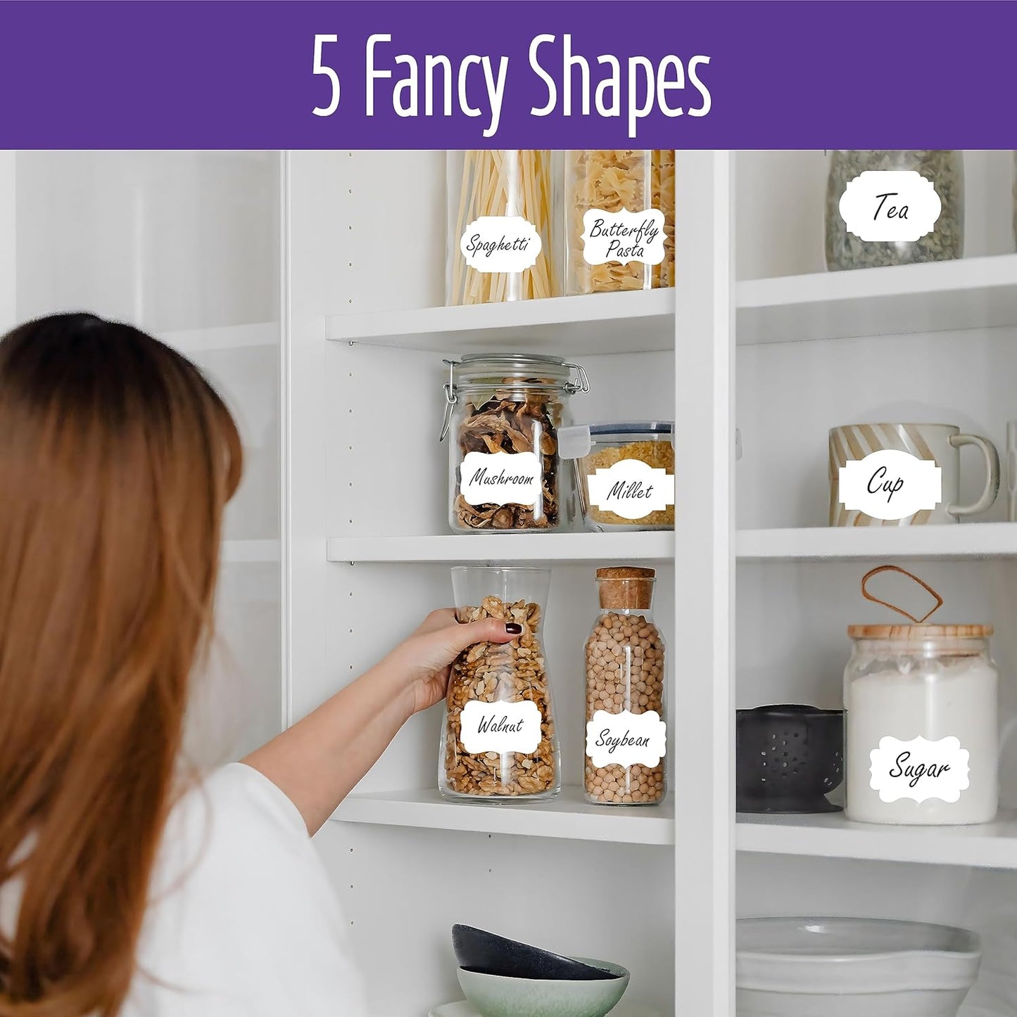 300 PCS White Stickers, 5 Fancy Shapes Labels Blank Stickers Roll White Name Tags with Permanent Adhesive for File Folders, Food Jars, Gift Tags, Home Office Business Uses (2” x 3”)