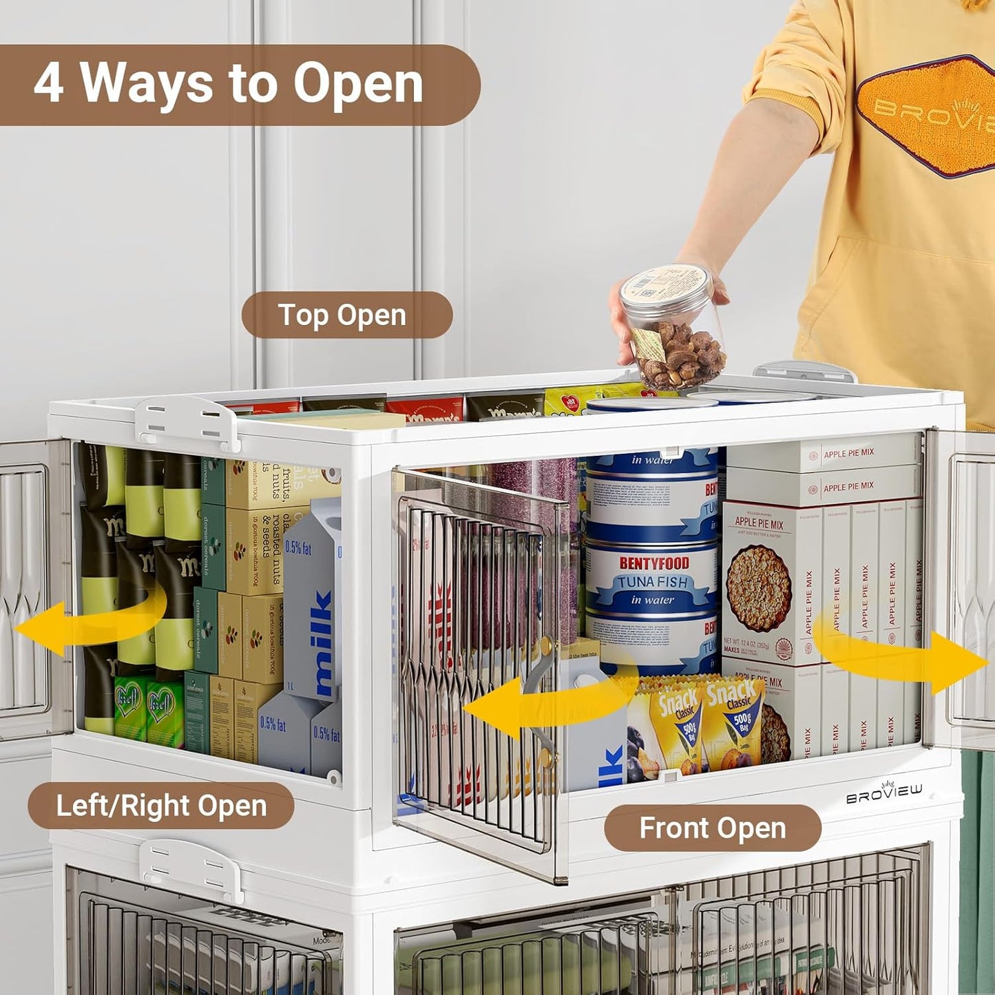 600QT Large Stackable Storage Bins with Lids, Plastic Closet Organizer and Storage Drawer, Collapsible Storage Box with Wheels, Folding Storage Cabinet with Doors for Home Kitchen, 5Pack White