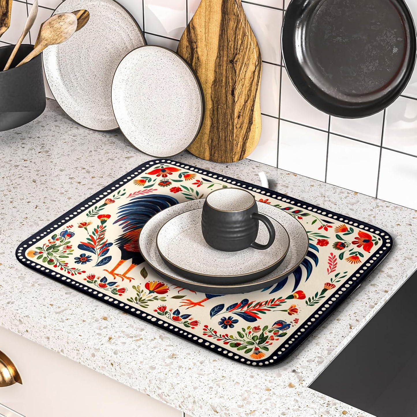 Roosters Chicken Dish Drying Mat for Kitchen Counter Absorbent Microfiber Drying Pad 16 x18 In