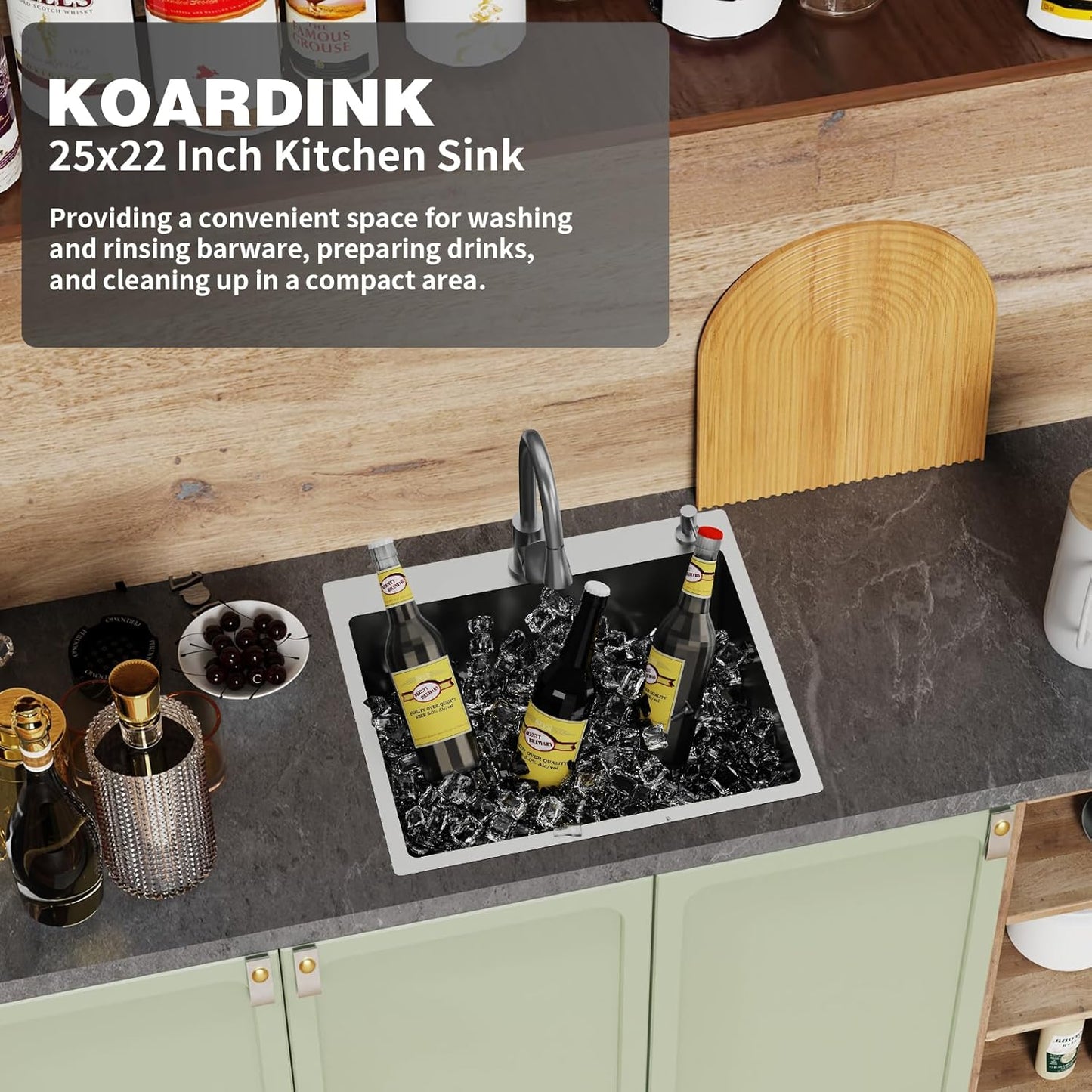 25x22 Inch Stainless Steel Kitchen Sink - Drop In Single Bowl Topmount Modern Kitchen And Bar Sink With Silicon Mat,Drain Strainer Set Compatibility With Various Kitchen&Bar Style