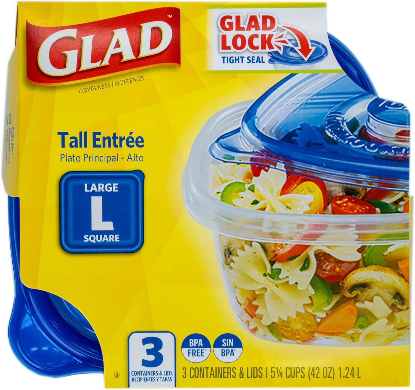 Glad GladWare Tall Entree Food Storage Containers - Large Square - Meal Container Holds up to 42 Ounces of Food - Lock Tight Seal, 3 Count