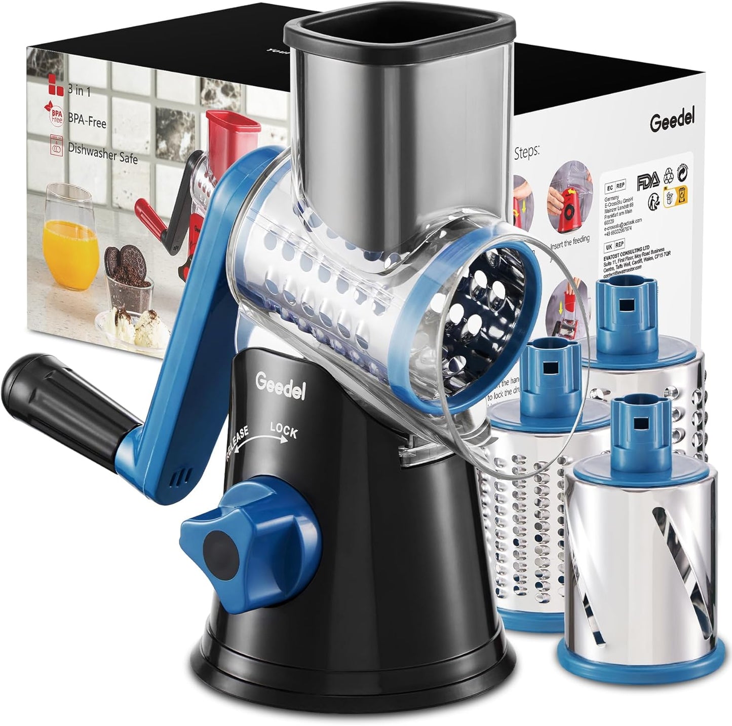 Geedel Rotary Cheese Grater, Kitchen Mandoline Vegetable Slicer with 3 Interchangeable Blades, Easy to Clean Rotary Grater Slicer for Fruit, Vegetables, Nuts