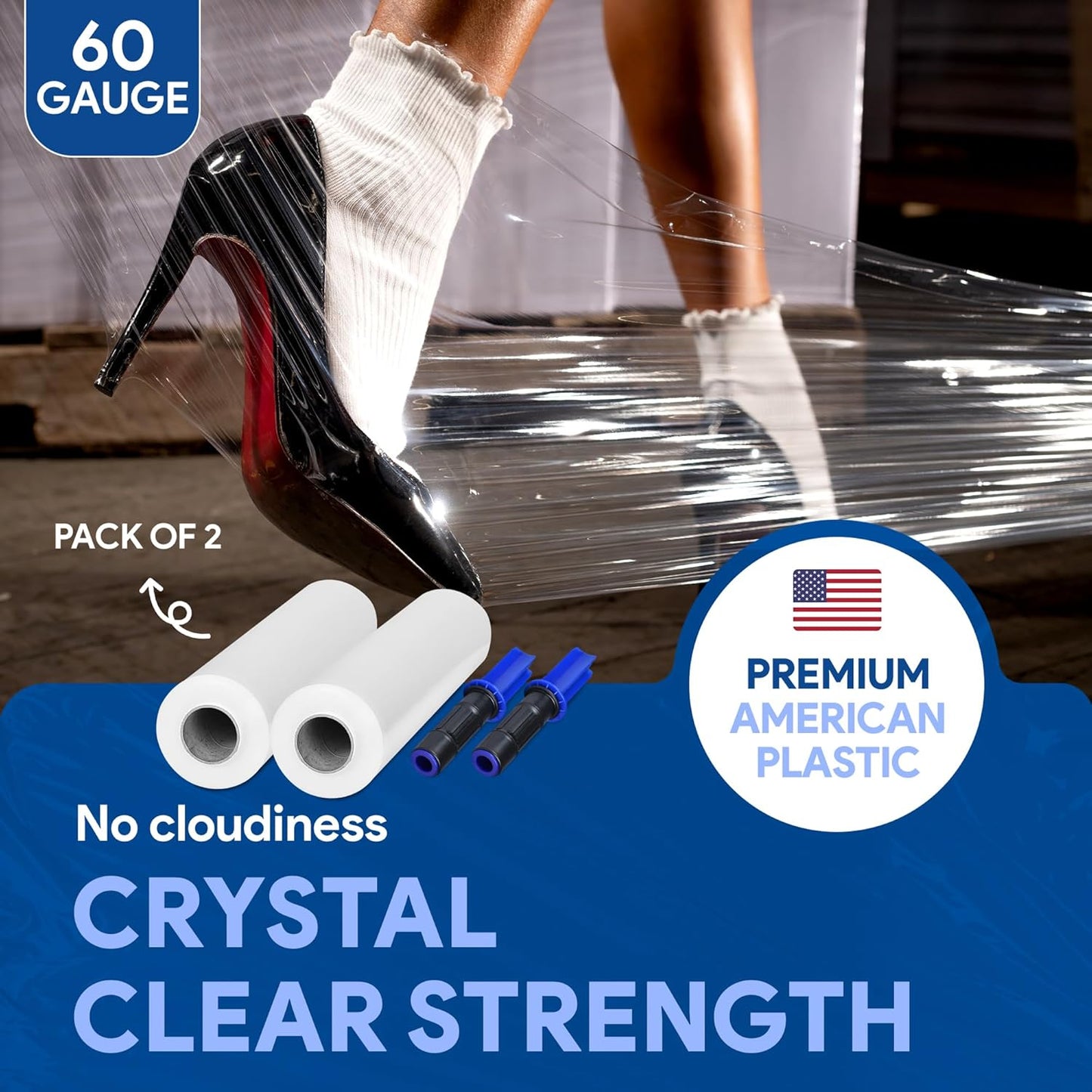 International Plastics Co. 2 Pack 15" Plastic Stretch Film Wrap with Extended Tension Handles 1200ft Each 500% Stretch Clear Cling Durable Adhering Packing Moving Heavy Duty Pallet Shrink