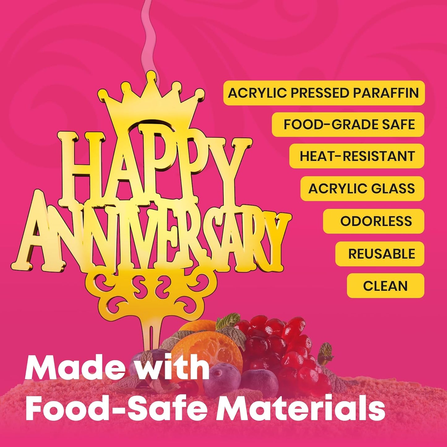 Happy Anniversary Reusable Gold Romantic Cake Candle - Luxury Cake Topper Candle for Birthdays, Weddings & Anniversaries - Reusable Food Safe Acrylic, Shiny Mirror Finish - Birthday Cake Topper