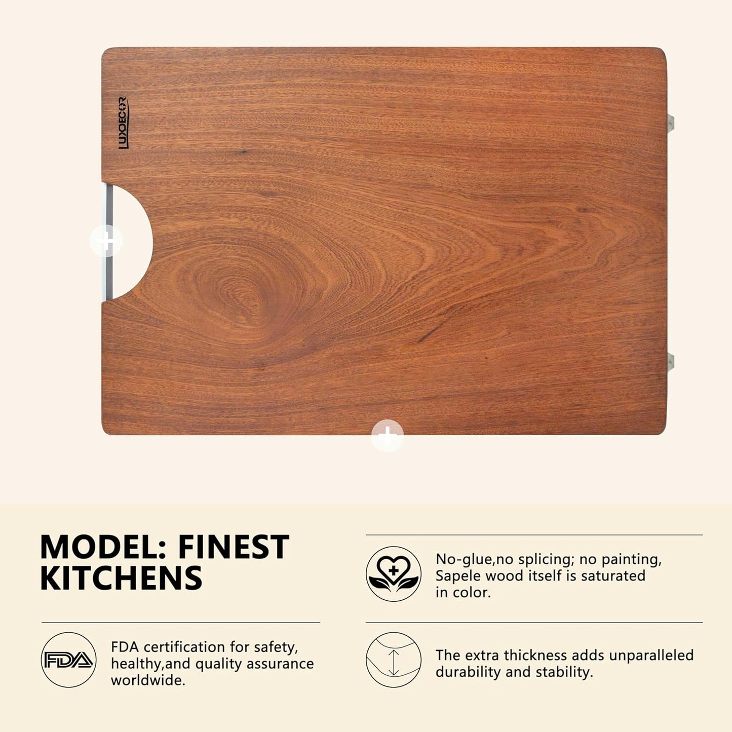 Real Solid Wood Cutting Board- Single Piece Wooden Cutting Board No Splicing&Glue, Sapele Wood Cutting Boards Of 15.7 * 11.8 * 1.2in Heavy Duty