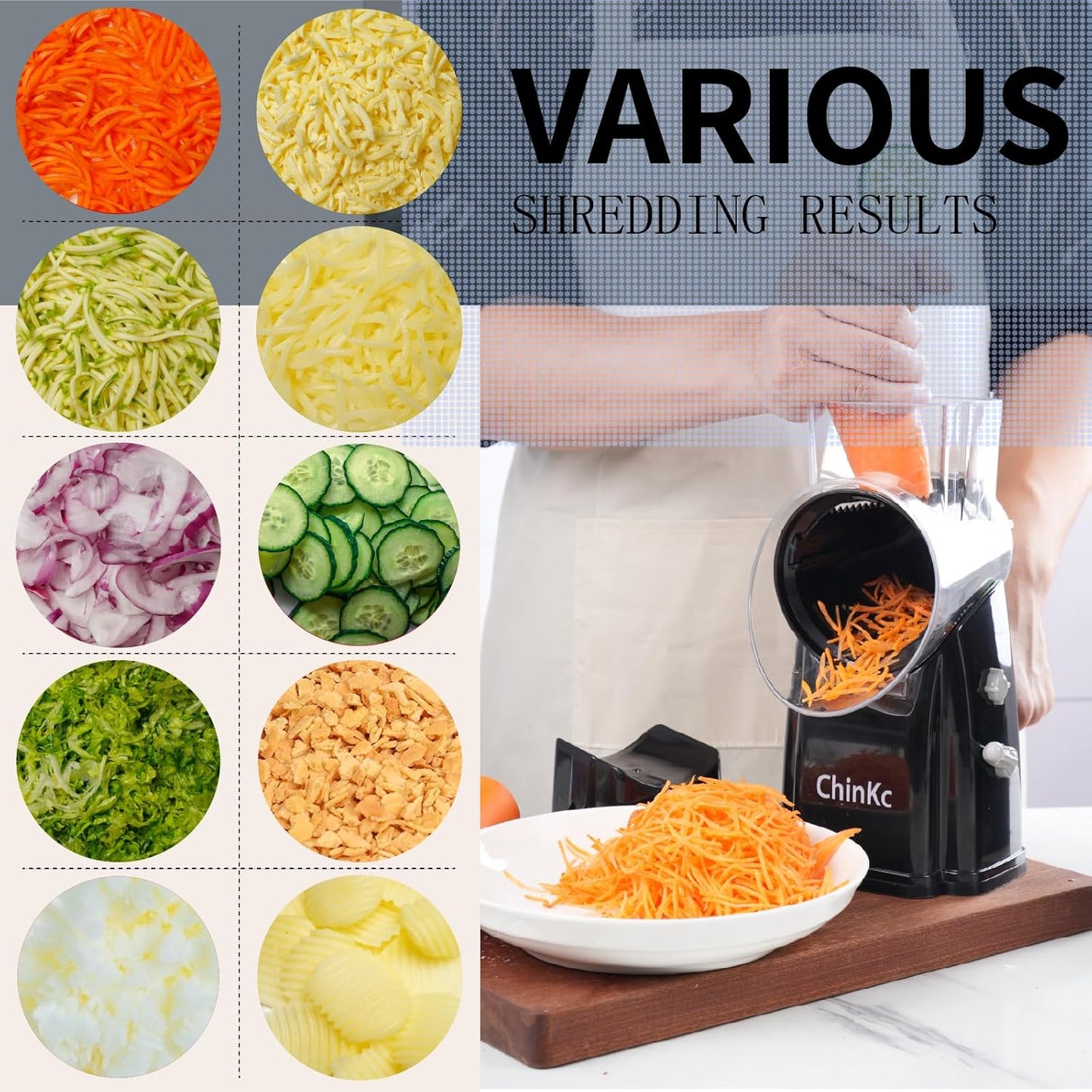 Rotary Cheese Grater Shredder - Upgraded 5 in 1 Cheese Grater with Handle and Strong Suction Base, Multi-purpose Julienne Slicer Ice Shaver Nuts Grinder for Ice, Vegetables, Fruit, Nuts