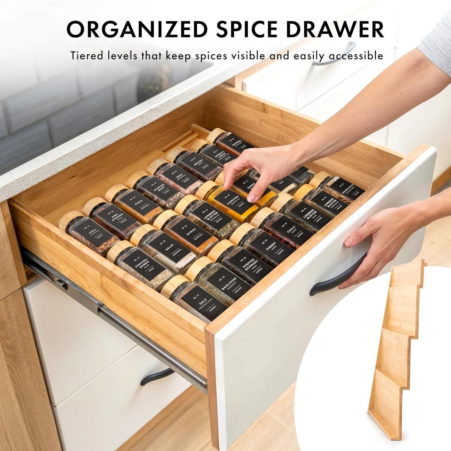 Bamboo Spice Drawer Organizer - Expandable 4 Tier Spice Rack (Need 3" Deep Drawer) 12" to 24" Wide, Seasoning Organizer, Organization Seasoning Rack insert (Jars Not Included)