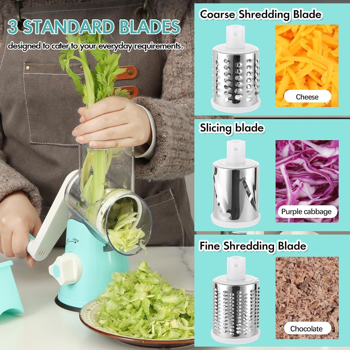 Ourokhome Rotary Cheese Grater Hand Crank, Kitchen Shredder Speed Mandolin Slicer Ice Shaver with Handle and Drum Blades for Cheese, Vegetable, Nuts, Chocolate, Potato, Carrot, 5 Blades, Blue