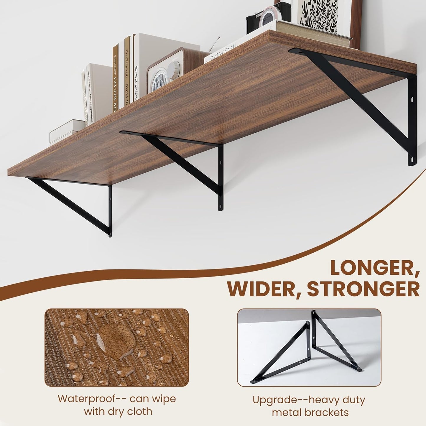 Heimlove 12 Inch Deep Floating Shelves for Wall, 48W x 12D Wood Wall Shelves Set of 2, Walnut Wide Floating Bookshelf for Living Room, Kitchen, Office, Bedroom, with Black Metal Bracke - Walnut