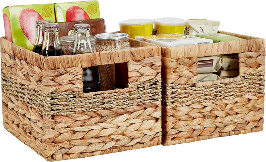 Hand-woven Water Hyacinth Baskets, Pantry Organizers and Storage with Handles, Decorative Wicker Baskets for Organizing Shelves, Laundry (10x8.5x7in 2-Pack, Natural Hyacinth)
