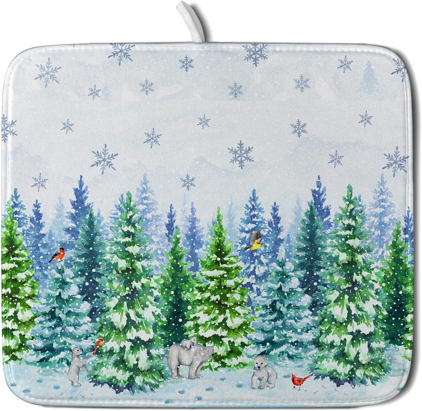 Watercolor Winter Dish Drying Pad Forest Kitchen Mat for Counter for Home Season Decor