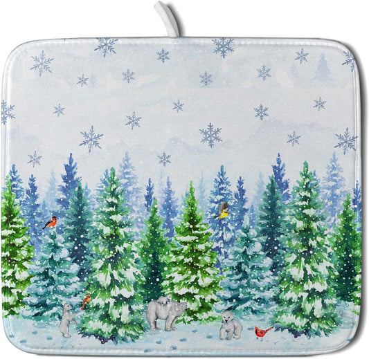Watercolor Winter Dish Drying Pad Forest Kitchen Mat for Counter for Home Season Decor