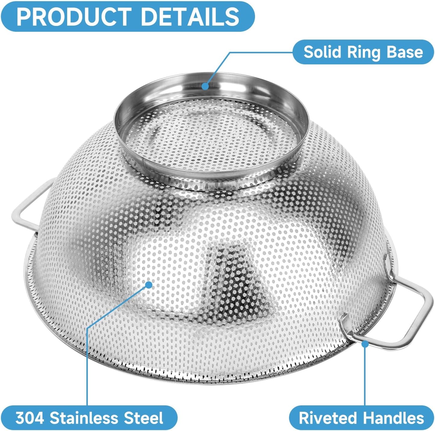 Colander for Kitchen, 5QT, Stainless Steel Colander Strainer with Handle for Fruits Vegetables Cooking Food, Dishwasher Safe