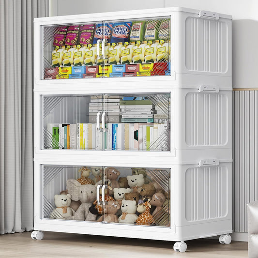 105Gal Plastic Stackable Storage Bins with Lid, 420QT Extra Large Closet Organizers Collapsible Cabinets Boxes With Drawers, Foldable Containers with 4x Wheels for Home Kitchen, V60 3Pack White