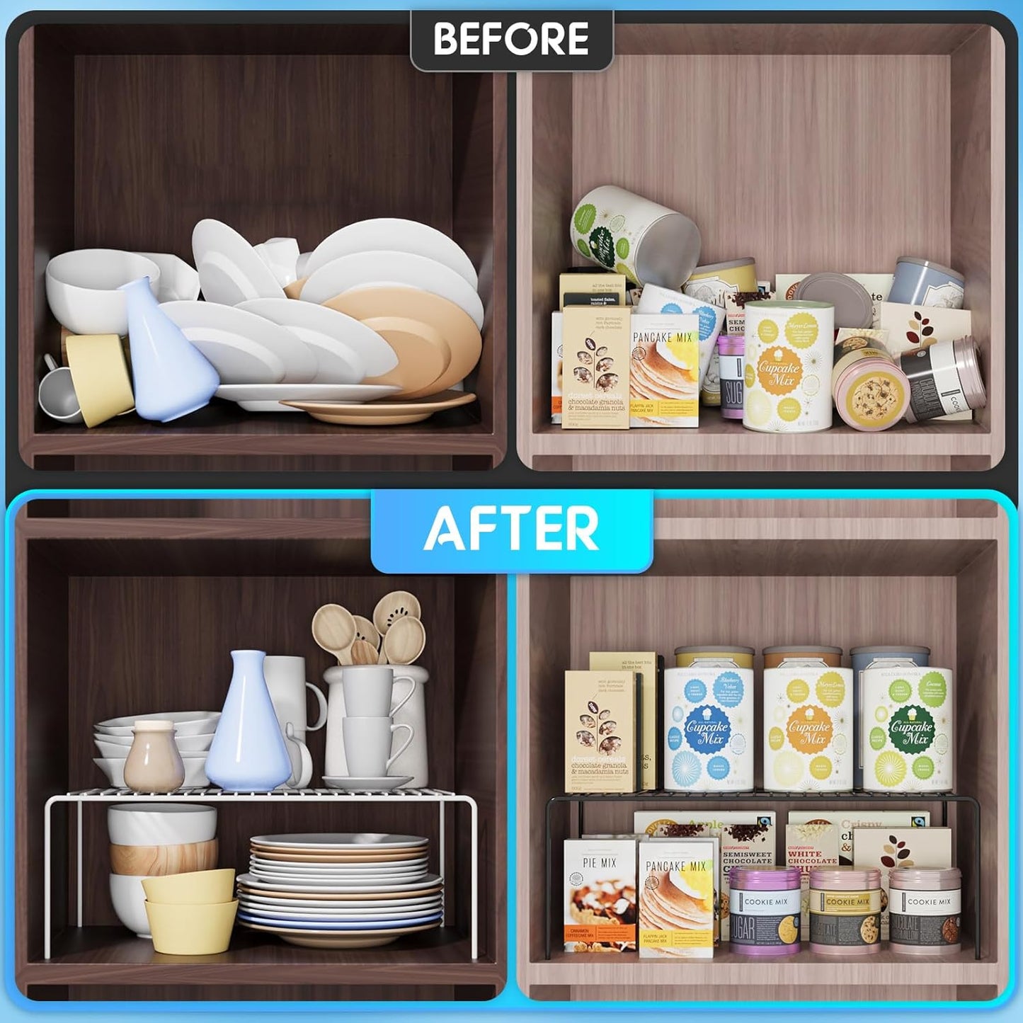 Large(15.7 x 9.4 inch)Black Cabinet Storage Shelf Rack Set of 2, Rustproof Metal Wire Kitchen Counter Organizers and Storage, Spice Organization for Cabinet, Plate, Dish, Pantry, Bathroom, Fridge