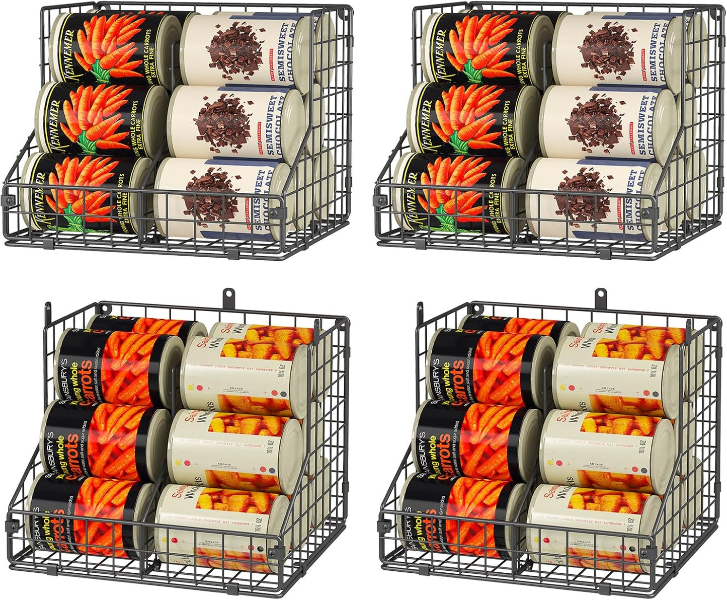 4 Pack Stackable Can Organizer for Pantry with Adjustable Dividers, Soda Can Organizer, Can Storage Dispenser Holds up to 56 Cans, Metal Wire Baskets Can Holder for Kitchen Cabinet Pantry