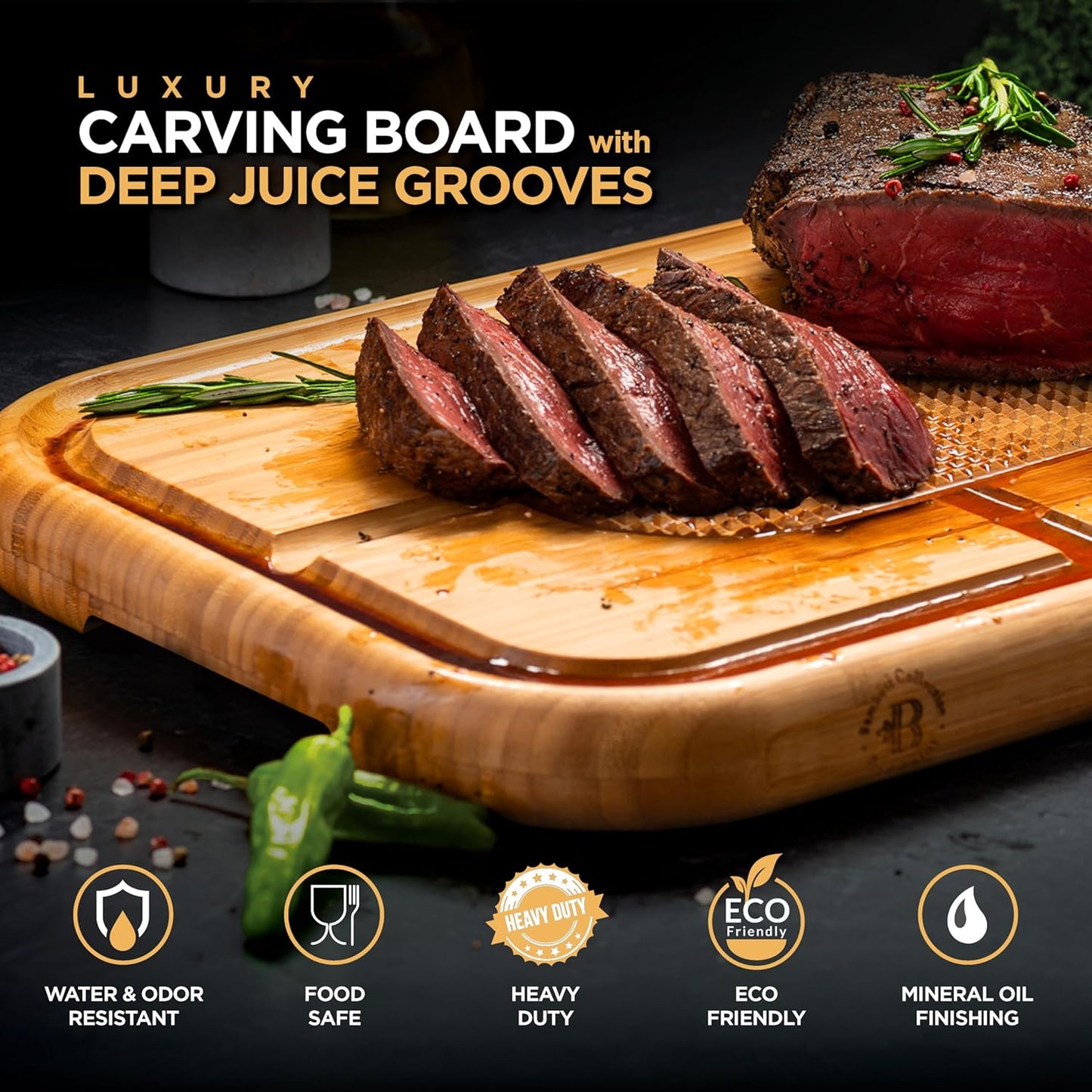 Meat Cutting Board for BBQ & Grilling - Spikes to Stabilize Meat & Juice Groove - Heavy Duty Bamboo Carving Board with Reversible Steak Tray - Great Gift