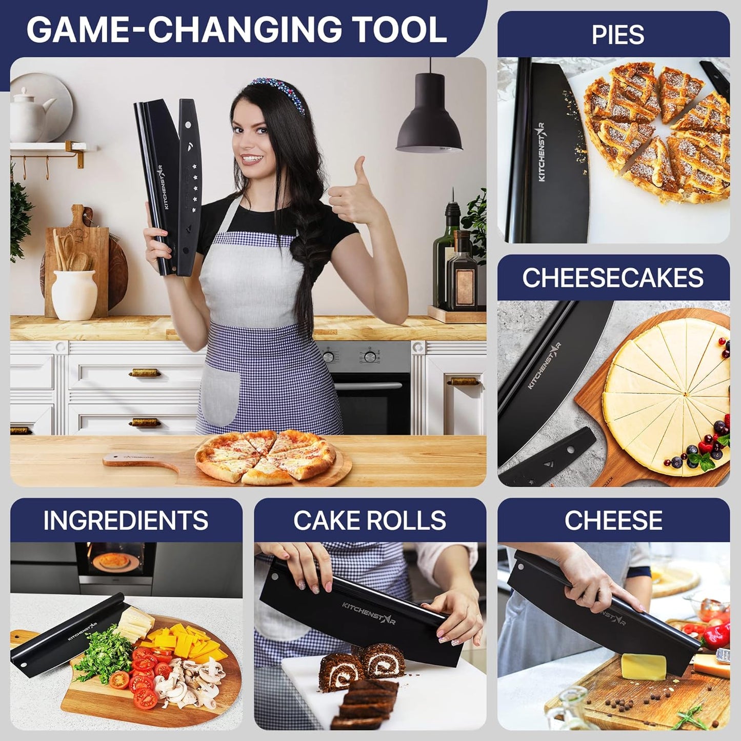 KitchenStar 12-Inch Pizza Cutter Rocker Blade - Sharp Stainless Steel Slicer Knife, Protective Cover, Black Nonstick, Small - Professional Pizza Oven Accessories