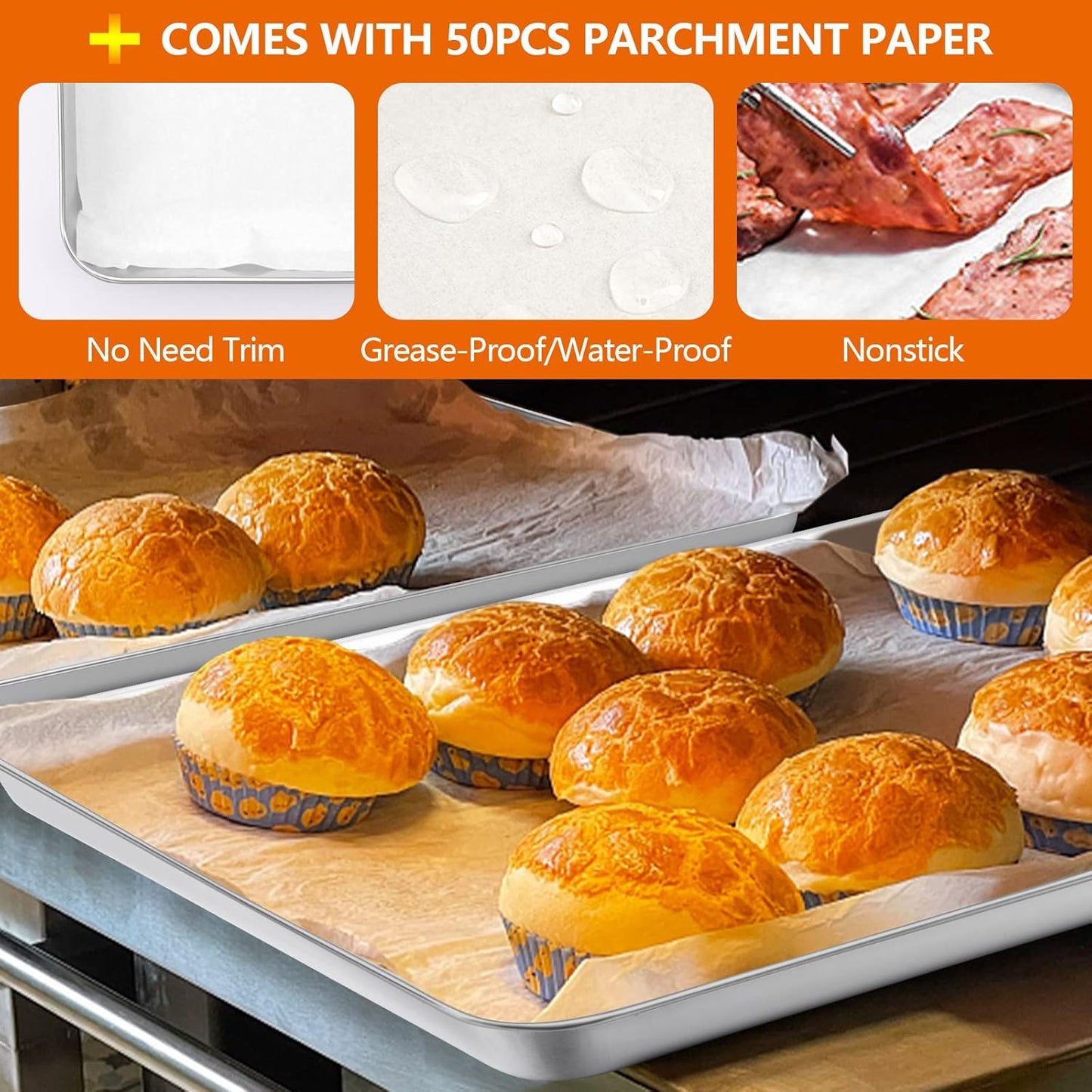 Large Baking Sheet, E-far 18”x13” Stainless Steel Cookie Sheet Pan for Oven with 50 Parchment Paper, Rectangle Metal Baking Tray for Roasting, Rust Free & Heavy Duty, Dishwasher Safe-2 Pack
