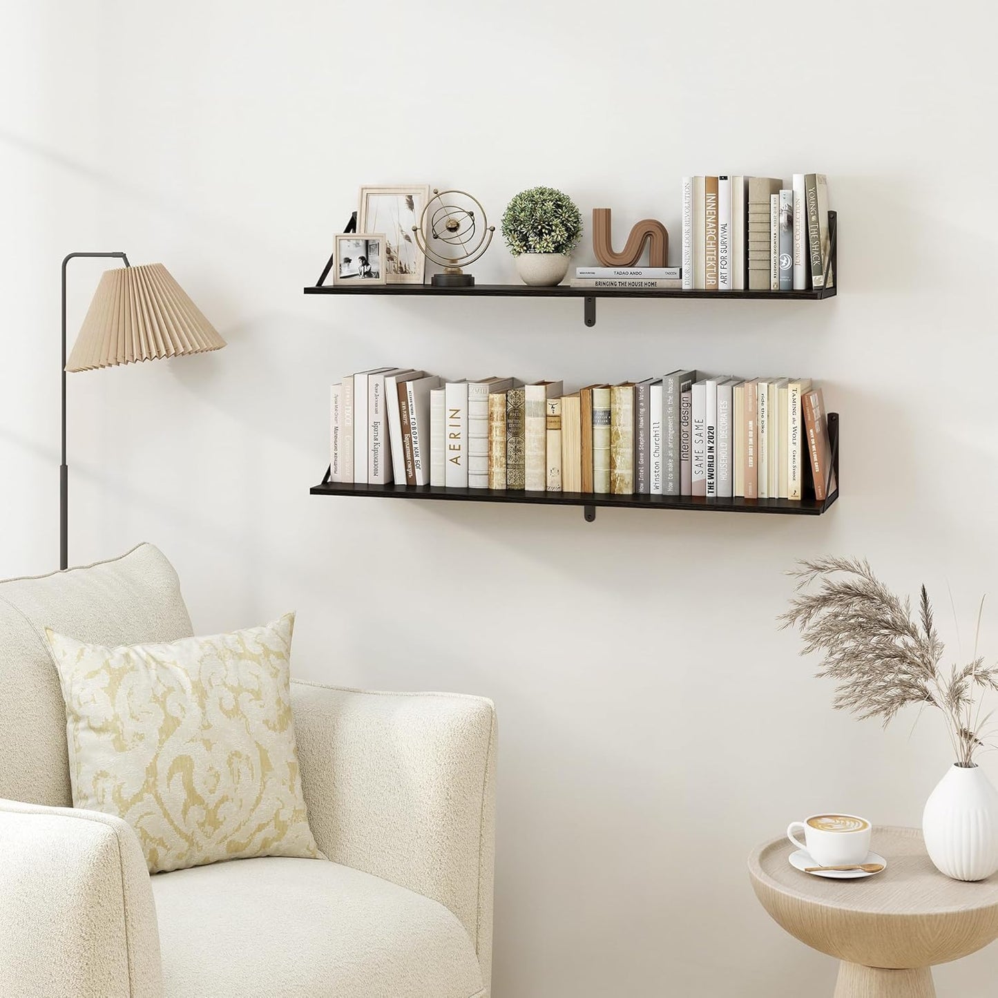 Heimlove Black Deep Floating Shelves for Wall, 36W x 8D Wood Wall Shelves Set of 2, Wide Floating Bookshelf for Living Room, Kitchen, Office, Bedroom and Decor Storage, with Metal Bracket - Black