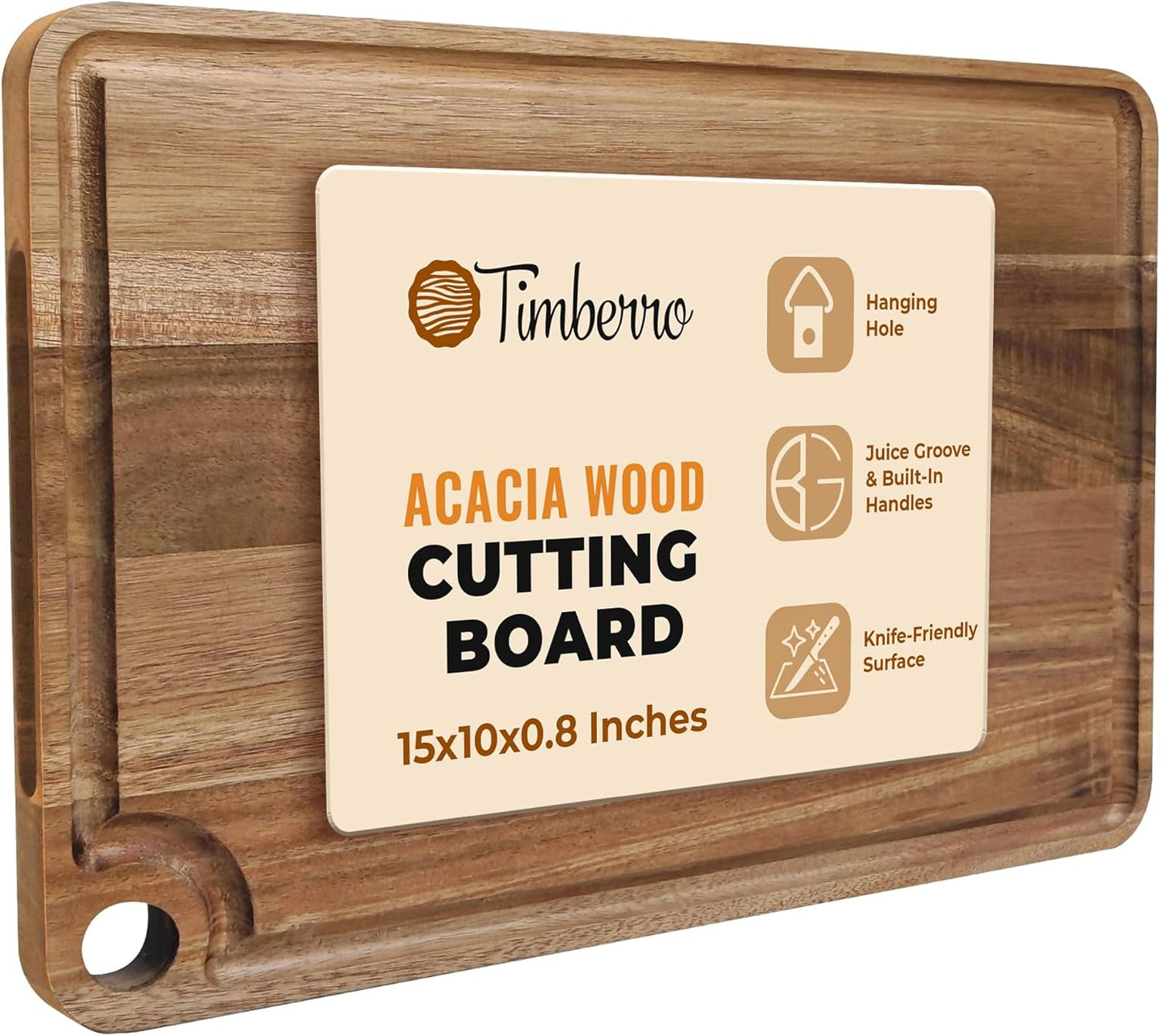 Acacia Wood Cutting Board (15x10x0.8 In.) - Solid Organic Wooden Meat Boards for Kitchen, Real Hardwood Chopping Butcher Block with Deep Juice Groove Well for Counter
