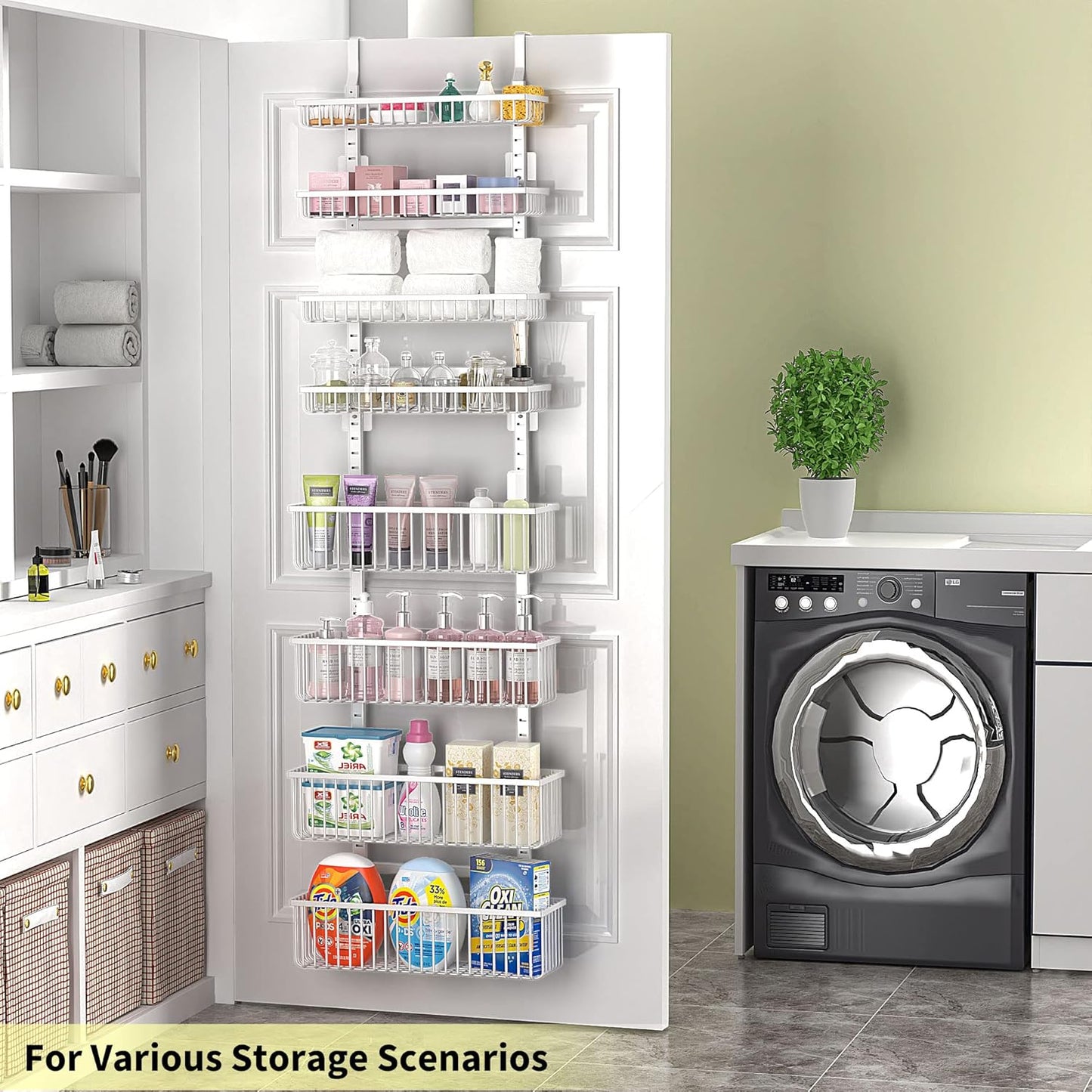 Moforoco White Over The Door Pantry Organizer, Pantry Organization and Storage, Metal Hanging Spice Rack Shelves Door, Seasoning Shelves, Laundry Room Organization, House and Kitchen Essentials