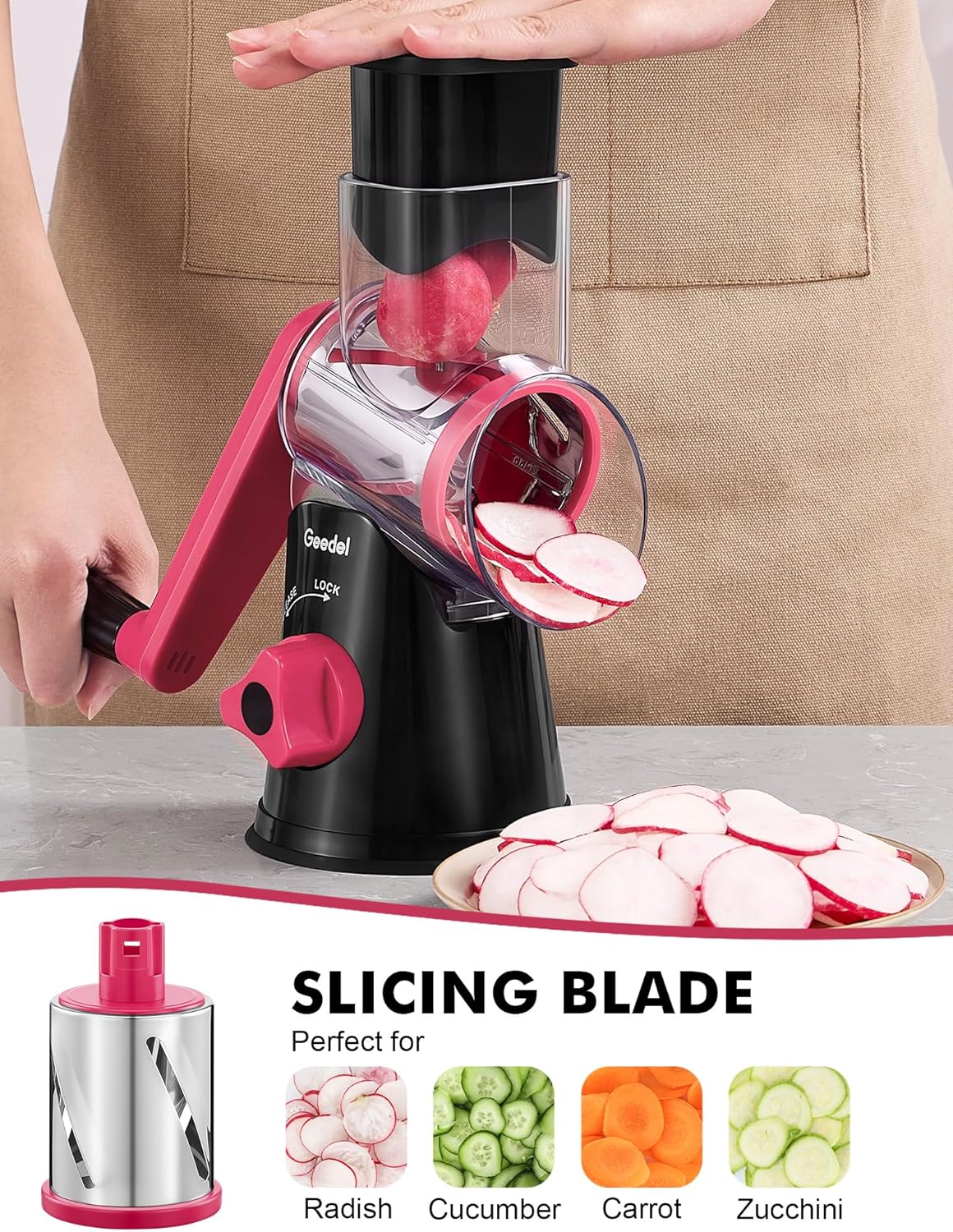 Geedel Rotary Cheese Grater, Kitchen Mandoline Vegetable Slicer with 3 Interchangeable Blades, Easy to Clean Rotary Grater Slicer for Fruit, Vegetables, Nuts