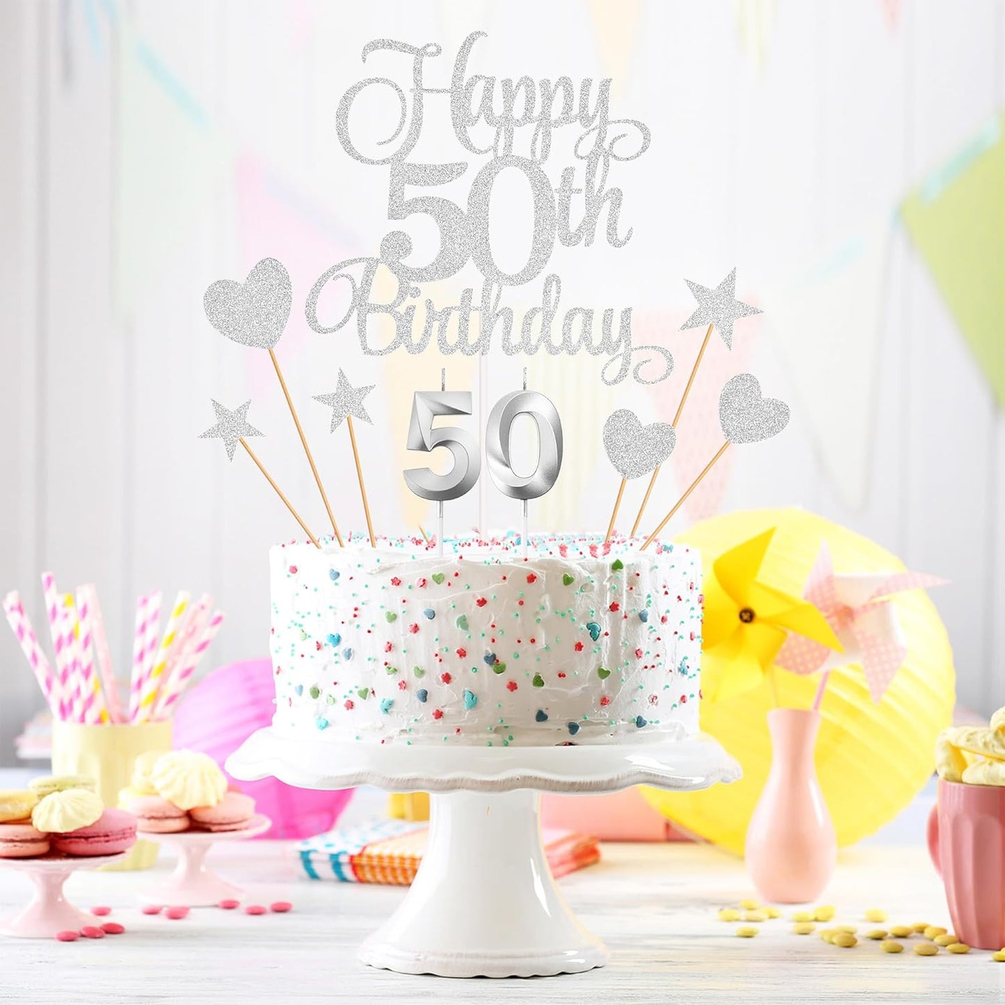 50th Birthday Cake Decorations, 50th Birthday Candles Cake Numeral Candles and Glitter Happy 50th Birthday Cake Toppers Set for Birthday Party Supplies (Silver)