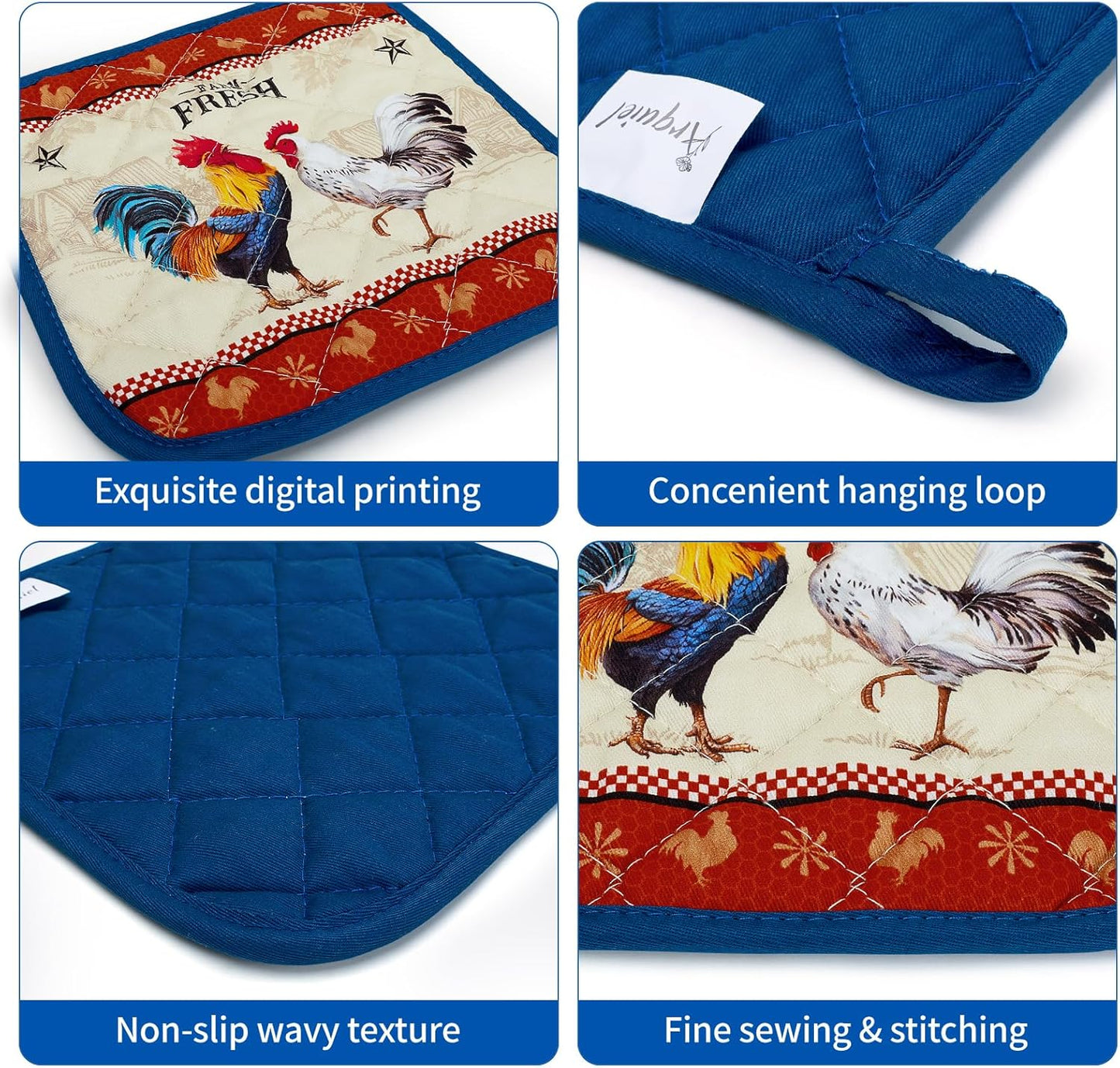 Rooster Oven Mitts and Pot Holders Sets 4Pcs, 100% Cotton Heat Resistant, Extra Long Oven Gloves Potholder for Kitchen Cooking Baking Housewarming