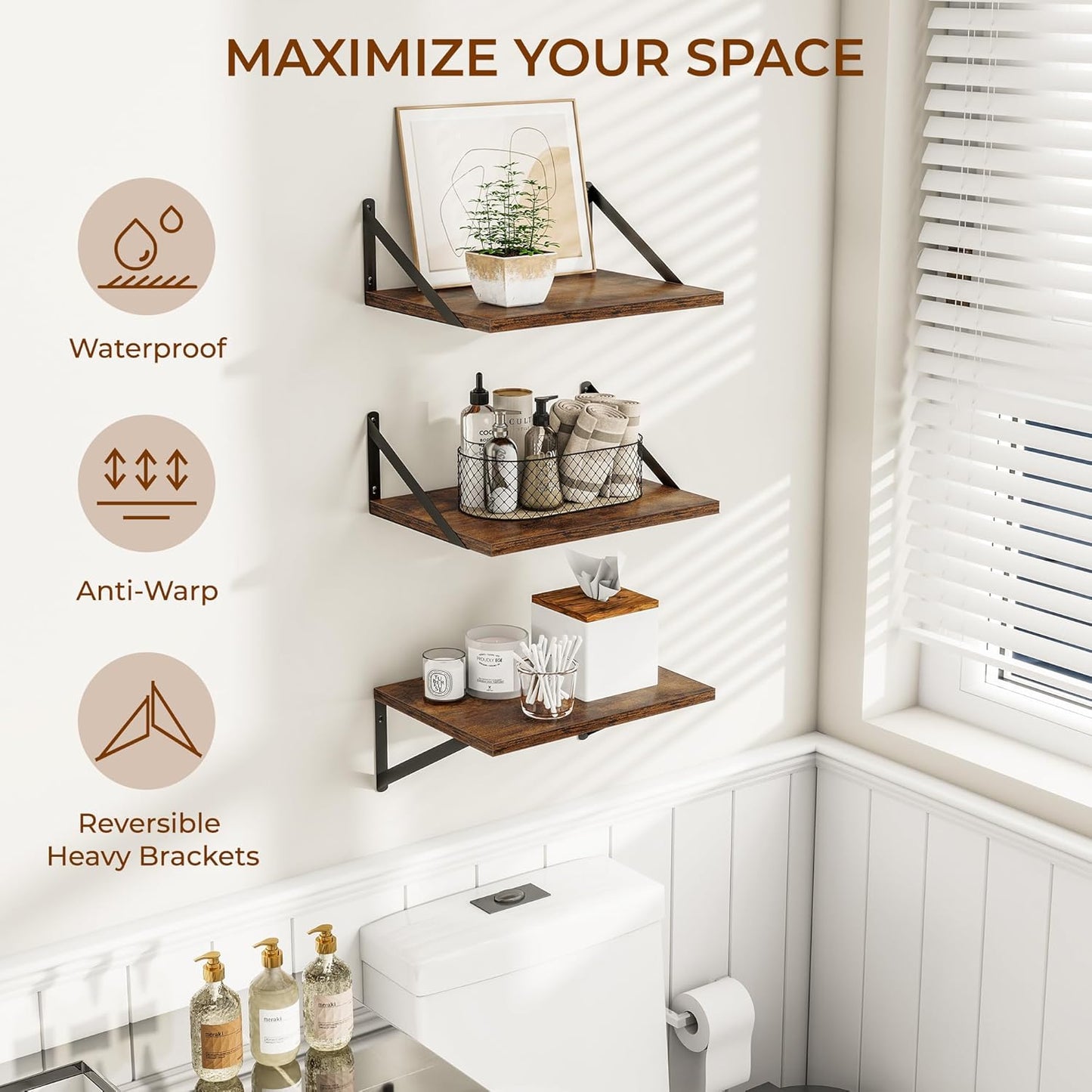 Heimlove Deep Floating Shelves for Wall, 12 Inch Deep Floating Shelves Set of 3, 16W x 12D Wood Wall Shelves, Wide Shelves with Metal Bracket for Living Room, Kitchen, Office, Bedroom - Rustic Brown