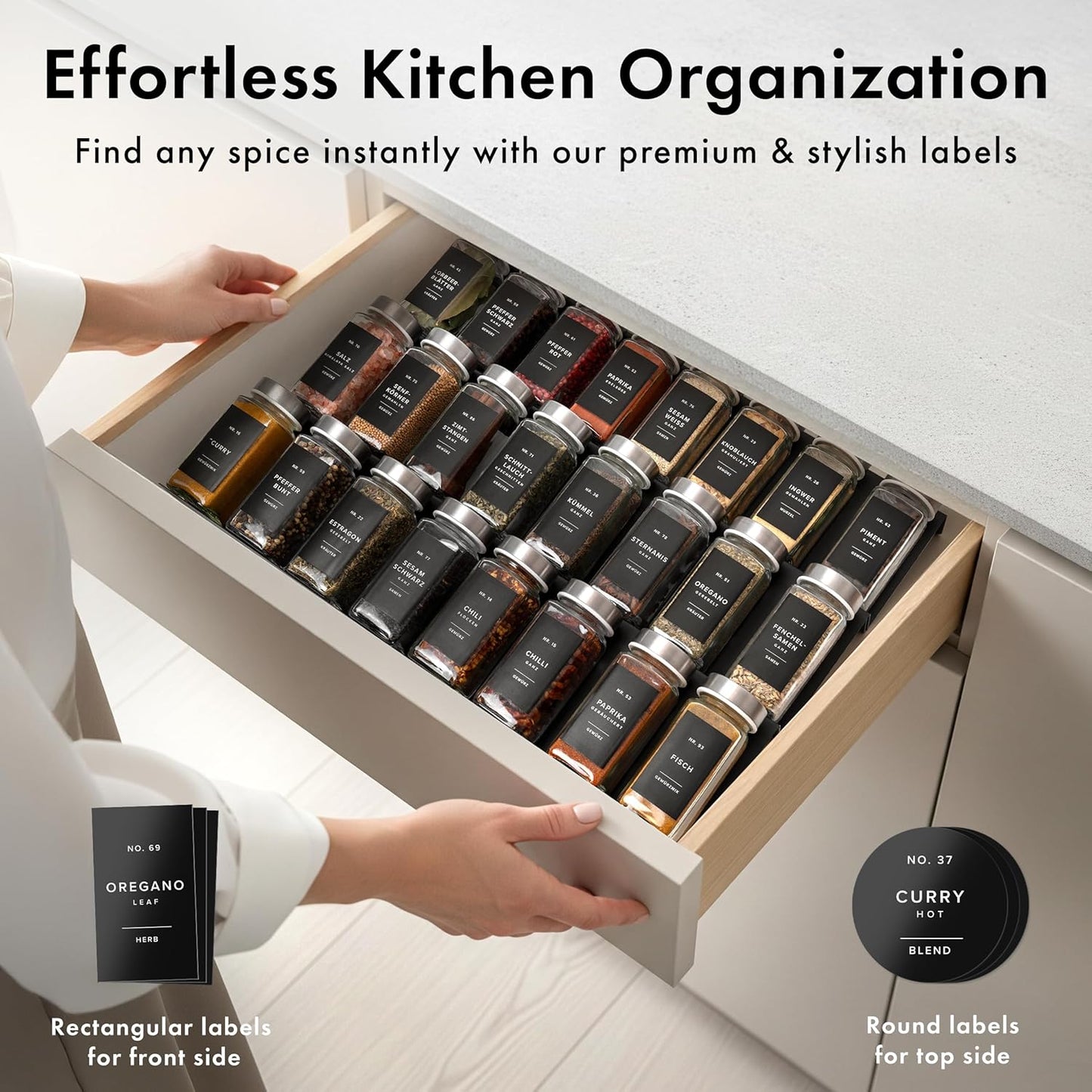 Glass Spice Jars with Labels and Steel Lids (24 x 4oz) Spice Containers with 240 Label, Steel Funnel, Shaker Inserts, Empty Square Seasoning Organizer for Spice Rack, Cabinet, Drawer