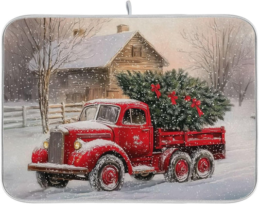 Red Christmas Truck Dish Drying Mat for Kitchen Counter Absorbent Microfiber Drying Pad, Large 18x24 in, Reversible Drainer Mats