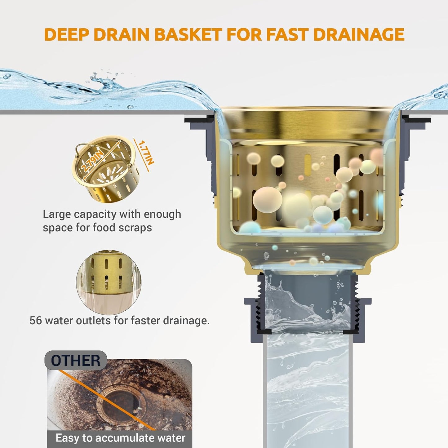 BOTEMY Stainless Steel Gold Sink Drain Strainer 3-1/2'' Kitchen Sink Drain Assembly Kit with Removable Deep Sink Strainer Basket and Sink Stopper Flat Cover Replacement for Home Standard Kitchen Sinks