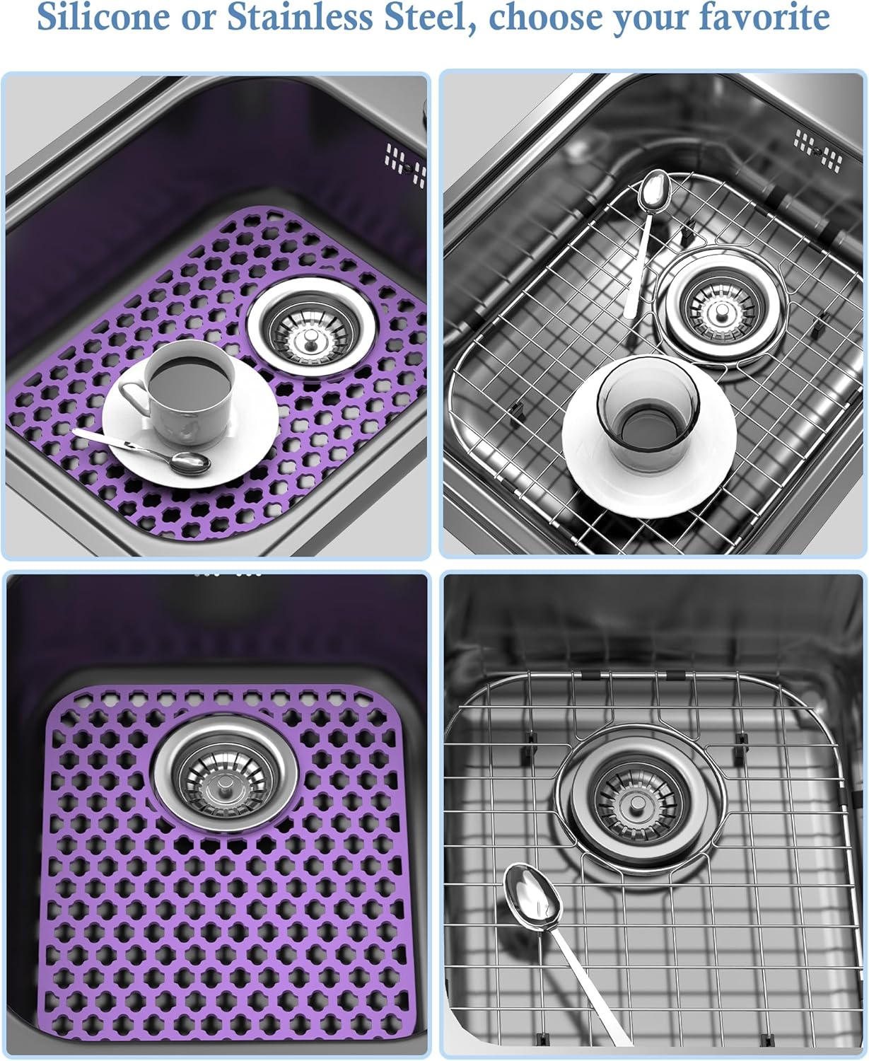 2 Pack Silicone Sink Protector for Kitchen Sink Bathroom, 13.58" x 11.6" Heat-resistant Sink Mat Non-Slip and Durable Silicone Protectors, Rear Drain (Purple)