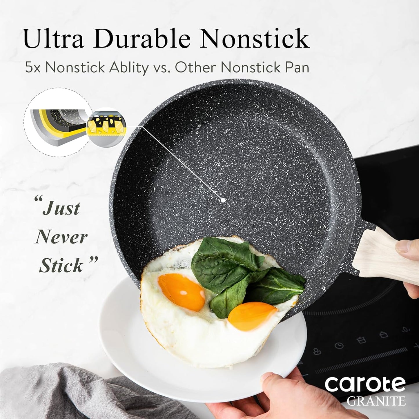 CAROTE Non Stick Frying Pan Skillet, Nonstick Granite Fry Pan with Glass Lid, Egg Pan Omelet Pans, Stone Cookware Chef's Pan, PFOA Free (Classic Granite, 10-Inch)