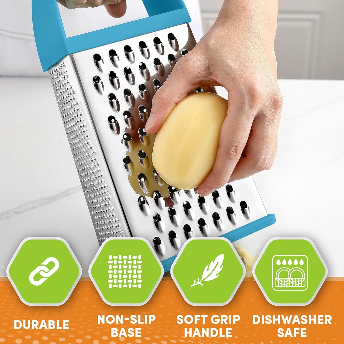 Spring Chef Professional 10" Stainless Steel Parmesan Cheese Grater with Handle, 4 Sided Handheld Box Grater, Kitchen Food Shredder for Potato, Cheese, Ginger, Veggie - Aqua Sky