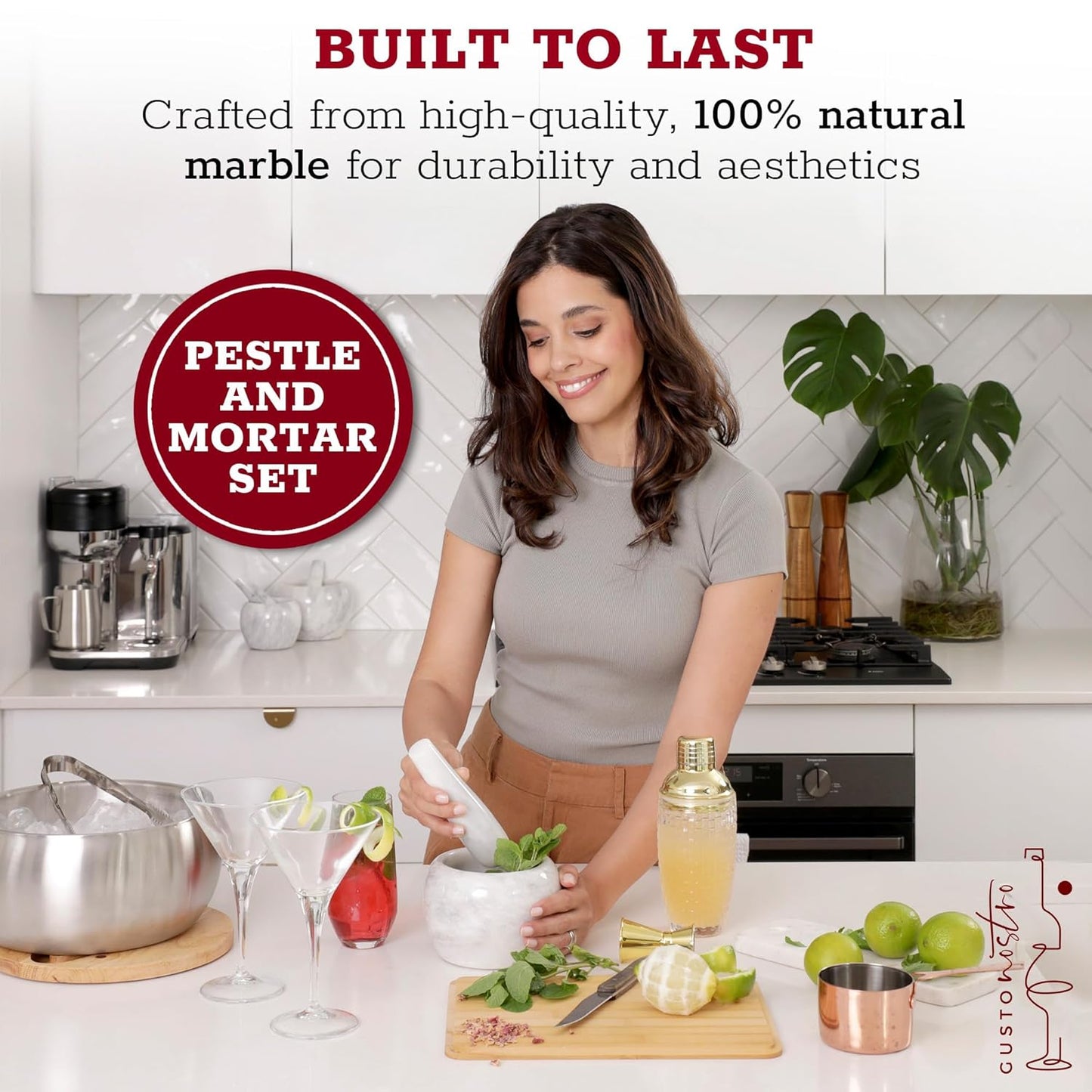 Gusto Nostro Natural Marble Mortar and Pestle Set | 6 Inch - 3.5 Cup Extra Large Mortar Pestle Set for Grinding Herbs, Nuts, Grains | Pesto Grinding and Guacamole Stone Bowl | Marble Spice Crusher