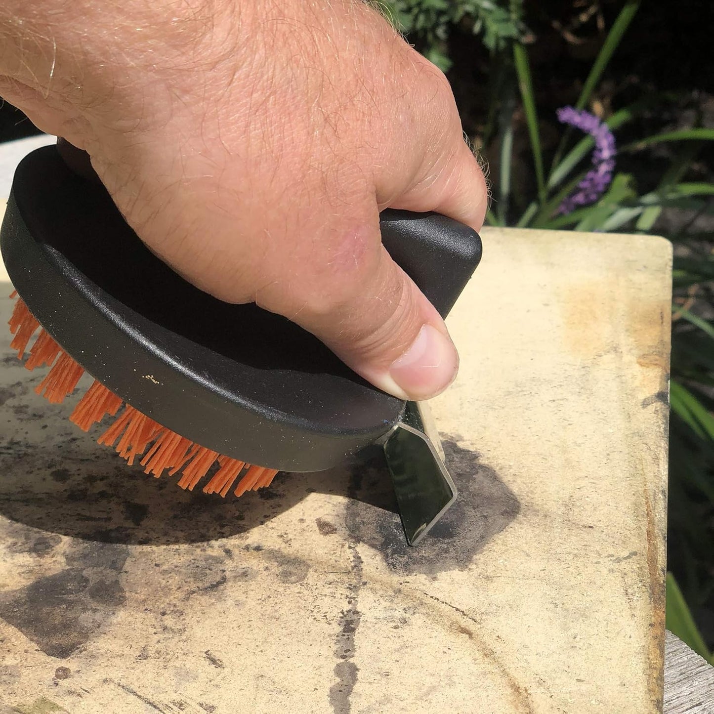 Outset 76621 Himalayan Salt Block, Pizza Stone and Cast Iron Pan Nylon Cleaning Brush with Stainless Steel Scraper, 5 x 4 x 3, Black