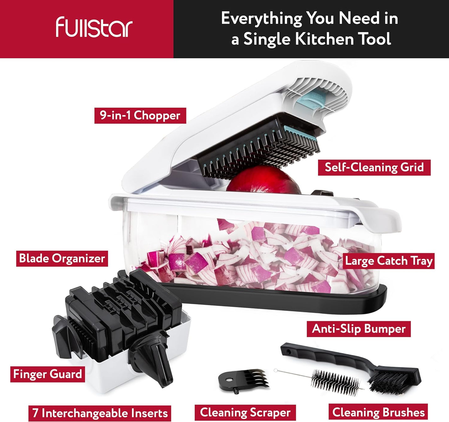 Fullstar Vegetable Chopper - Food Chopper with Container, Spiralizer, Egg Slicer & Juicer - Home Essentials & Kitchen Gadgets (XL - 9 in 1)