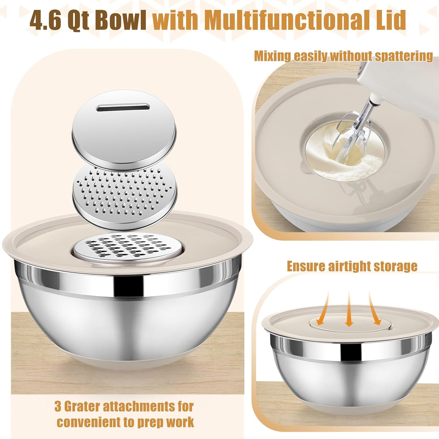 P&P CHEF Mixing Bowl with Lids Set of 3, Stainless Steel Nesting Salad Bowls for Serving Preparing, 3 Grater Attachments & Non-Slip Bottoms, Size 1.5/2.6/4.6 QT, Khaki