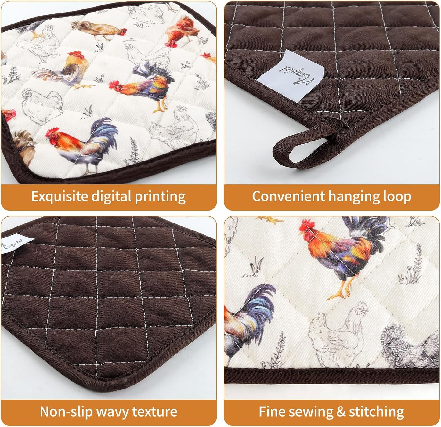 Roosters Oven Mitts and Pot Holders Sets 2Pcs, 100% Cotton Heat Resistant, Extra Long Oven Gloves Potholder for Kitchen Cooking Baking Decoration