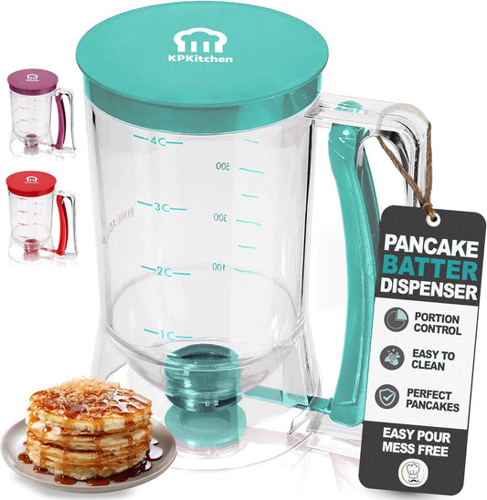 Pancake Batter Dispenser - Kitchen Must Have Tool for Perfect Pancakes, Cupcake, Waffle, Muffin Mix, Cake & Crepe - Easy Pour Baking Supply for Griddle - Pancake Maker with Measuring Label (Turquoise)