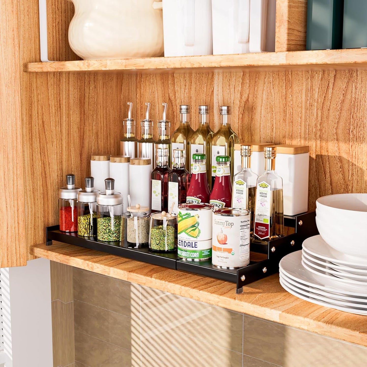 Premium Spice Rack Organizer for Countertops - 3-tier space-saving kitchen organizer for spice jars, oil bottles and utensils 1 Pack Black (modern rust-resistant design)