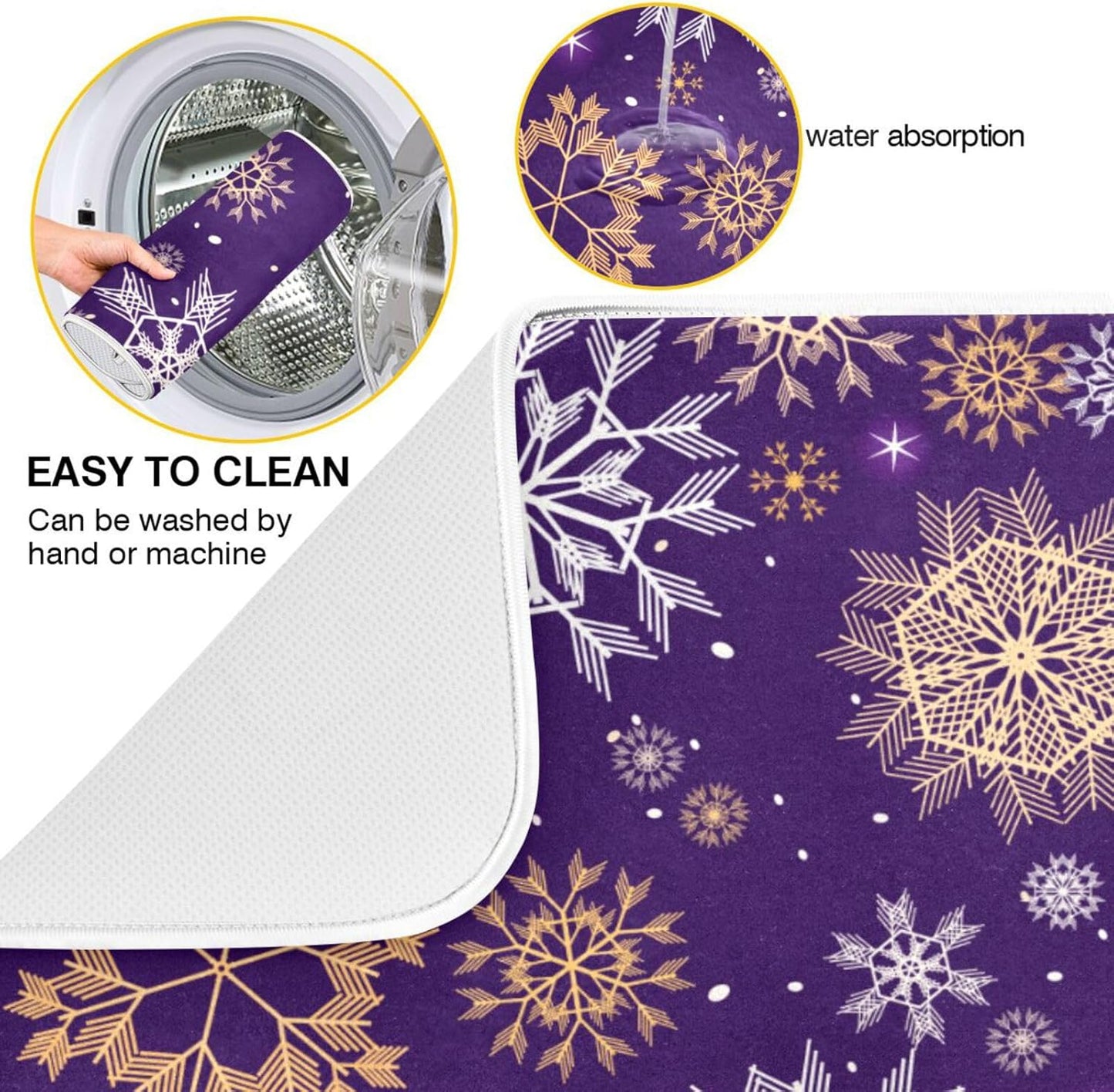Christmas Purple Gold Snowflakes Dish Drying Mat for Kitchen Counter Absorbent Microfiber Drying Pad, Large 18x24 in, Reversible Drainer Mats