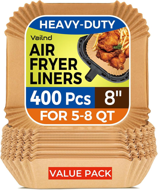 400 Pcs Air Fryer Paper Liners, 8" Square Air Fryer Liners Disposable, Heavy-Duty Parchment Paper for 5-8 qt Airfryer Basket, Non-Stick & Grease-Proof Baking Liner for Oven Pan